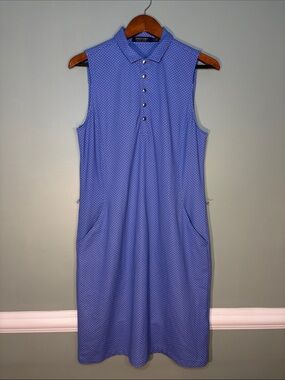 Ralph Lauren Golf Size Large Blue Polka Dot Sleeveless Polo Dress